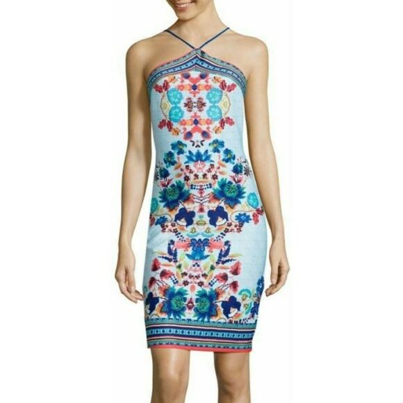 Bisou Bisou Scuba Floral Halter Bodycon Mini Dress - Picture 1 of 9